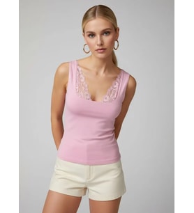 26004 Kadın Dantel Detaylı Kare Yaka Modal Örme Bluz (Pembe)