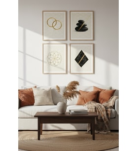 Altın Zen Geometrisi Dekoratif 4’lü Ahşap Çerçeveli Tablo Seti - Modern Salon Dekor