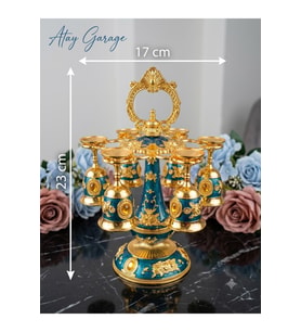 Vintage Gold Zümrüt Yeşili 6'lı Kadeh Seti ve Standı 23x17 cm
