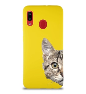 Samsung Galaxy A20 Soft Premier Kapak Catface Tasarımlı Silikon Kılıf - Sarı (Şeffaf)