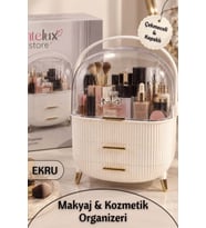 Şeffaf 3 Katlı Kubbeli Makyaj Organizeri, Ekru, Taşınabilir ve Çekmeceli