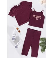 3'lü Los Angeles Baskılı Tshirt Atlet Tayt Bordo Takım