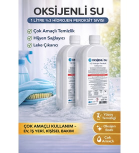 Oksijenli Su 1 Litre 2 Adet Set %3 Hidrojen Peroksit Solüsyonu Çok Amaçlı Temizlik Hijyen Sıvısı