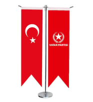 Masa Üstü Kırlangıç Vatan Partisi + Türk Bayrağı + Krom T Direk Masa Bayrak Seti