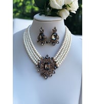 Kristal Taşlı Diana İnci Kolye ve Küpe Seti