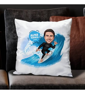 Kişiye Özel Sörfçü Adam Karikatürlü Yastık