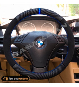 BMW 5 Serisi E60-E61 Dikme Direksiyon Kılıfı Alcantara Süet Mat Karbon Mavi Yüzük ve Dikiş Standart-Comfort-Premium-Piano Trim 2003-2007
