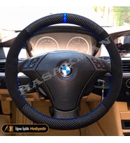 BMW 5 Serisi E60-E61 Dikme Direksiyon Kılıfı Alcantara Süet Mat Karbon Mavi Yüzük ve Dikiş Standart-Comfort-Premium-Piano Trim 2003-2007