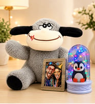 Kişiye Özel Fotoğraflı Renkli LED Işıklı Penguenli Fanus ve Peluş Eşek Sevgiliye Kadına Hediye