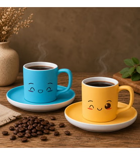 BK Gift 2'li Turkuaz ve Sarı Renkli Emoji Yüz Tasarımlı Seramik Türk Kahvesi Fincanı Takımı-6