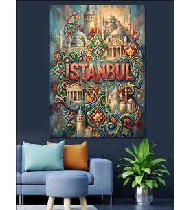 İstanbul Şehir Simgeleri Kolaj Tasarımı Dekoratif Kanvas - Mdf Ahşap Tablo