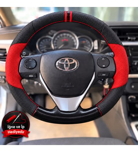 Toyota Corolla E170 Dikme Direksiyon Kılıfı Parlak Siyah Kırmızı Detaylı Kırmızı Çift Yüzük ve Dikiş 2013-2019
