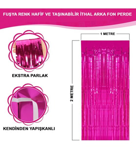 Ekstra Metalize Parlak Saçaklı Arka Fon Perde Fuşya
