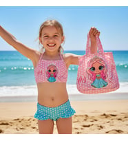 Kız Çocuk karakter Baskılı Eteği Fırfırlı- ip bağlamalı ÇANTA Mayo Bikini 3 lü Takım