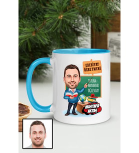 Erkek Edebiyat Öğretmenine Hediye Karikatürlü Mavi Kupa Bardak