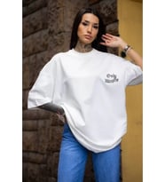 Unisex Bisiklet Yaka Baskılı Oversize T-Shirt - Beyaz
