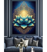 Altın Desenli Mavi Lotus Çiçeği Dekoratif Kanvas - Mdf Ahşap Tablo
