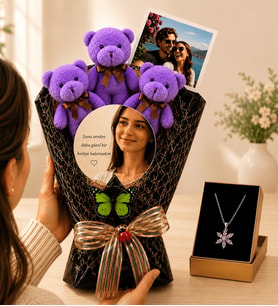 Kişiye Özel Fotoğraflı Aynalı Mor Ayıcık Buketi ve Ametist Lotus Kolye Kadına Hediye