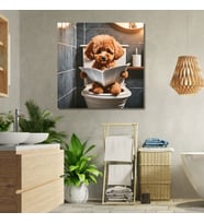 Tekli Kare Kanvas Banyo Tablosu Gazete Okuyan Sevimli Poodle