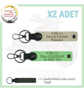 Motorcu Tarzı Plakalı & İsimli Deri x2' li Anahtarlık,  0 Rh (+) Kan Grubu ile, S Kahve-F Yeşil-Ysl (Çok Renkli)