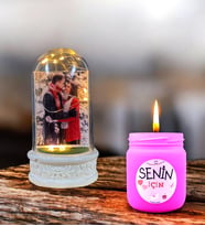 Kişiye Özel Hediye Seti  Fotoğraflı Led Işıklı Fanus ve Kokulu Mum (Pembe)