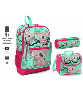 Coral High Yeşil Koala Baskılı Kız Çocuk İlkokul Çanta Seti - USB Çıkışlı