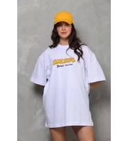 pilelistore- Unisex Bisiklet Yaka Baskılı Oversize T-Shirt - Beyaz
