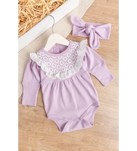 Güpürlü Bandanalı Kız Bebek Tulum Bebek Çıt Çıtlı Body (Lila)