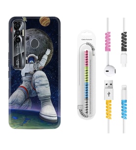 Tecno Spark 6 6 Go 8C 8 Pro 7 7 Pro Kılıf Kablo Koruma Spiral Silikon Astronot ve Dünya 1759