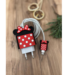 Sevimli Silikon Şarj Başlığı Ve Kablo Koruyucu 2Li Set Benekli Minnie