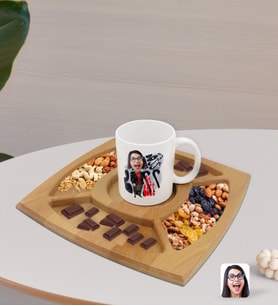 BK Gift Kişiye Özel Kadın Big Boss Karikatürlü Beyaz Kupa ve Doğal Masif Ahşap 4 Bölmeli Sunum Tabağı Çerezlik Hediye Seti-3