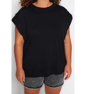 Moda Büyük Beden Bisiklet Yaka Örme Relaxed Düz Desen Casual Günlük Regular Kolsuz Bluz (Siyah)