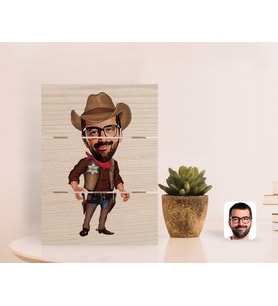 BK Gift Kişiye Özel Kovboy Karikatürlü Otantik Masaüstü Ahşap Palet Çerçeve (Beyaz)