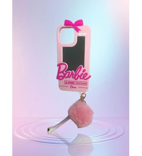 İphone 13 Pro Max Uyumlu Aynalı Ponponlu Barbie Silikon Kılıf (Pembe)