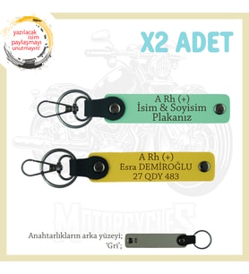 Motosiklet Severlere Özel, İsim Plaka ve A Rh (+) Kan Grubu Yazılı x2 Anahtarlıkları, Yeşil-Sarı-Gr