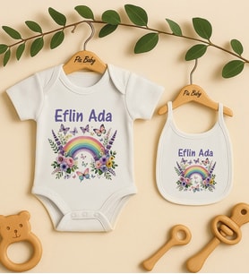 Pia Baby Premium %100 Pamuk İsme Özel Organik Baskılı Çıtçıtlı Bebek Body Ve Önlük 5045-20 (Ekru)