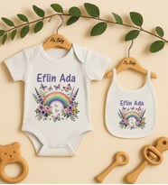 Pia Baby Premium %100 Pamuk İsme Özel Organik Baskılı Çıtçıtlı Bebek Body Ve Önlük 5045-20 (Ekru)