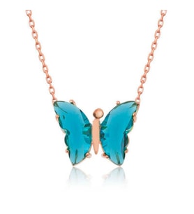 Mavi Kelebek Model Rose Gold Kaplama Zirkon Taşlı Gümüş Kolye