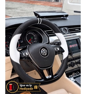 Vw Polo Mk6 Dikme Direksiyon Kılıfı Delikli Deri Parlak Siyah Beyaz Detay Çift Yüzük ve Dikiş 2017-2021