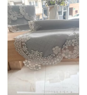 Salon Takımı Çeyizlik Firuze Model Gri 5 Parça Keten Dantelli Masa Örtüsü Runner Seti