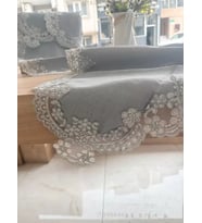Salon Takımı Çeyizlik Firuze Model Gri 5 Parça Keten Dantelli Masa Örtüsü Runner Seti