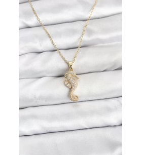 316L Çelik Zincir Gold Renk Deniz Atı Model Zirkon Taşlı Kadın Kolye - TJ-BKO10895