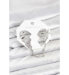 Pirinç Gümüş Renk Kelebek Model Zincir Bağlantılı Ear Cuff Küpe Seti - TJ-BKP11535