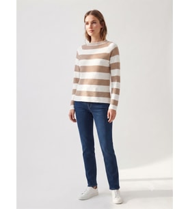 Kadın Çizgili Triko Yuvarlak Yaka Slim Fit Kazak