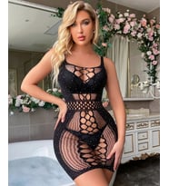 Siyah File Detaylı Taşlı Transparan Mini Vücut Çorabı/Elbise -4835