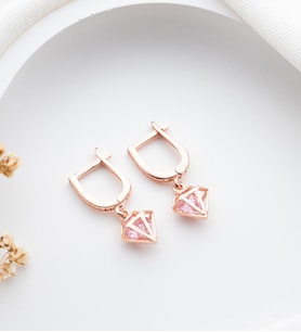 925 Ayar Gümüş Rose Kaplama Kalp İçinde Pembe Taşlı Küpe