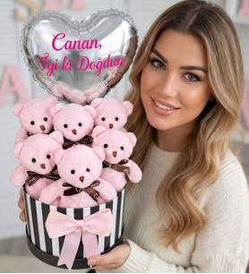 Kişiye Özel İsimli Doğum Günü Hediyesi İsimli Balonlu 6’lı Peluş Pembe Ayıcık Buketi Anneye Eşe Sevgiliye Hediye