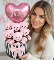 Kişiye Özel İsimli Doğum Günü Hediyesi İsimli Balonlu 6’lı Peluş Pembe Ayıcık Buketi Anneye Eşe Sevgiliye Hediye