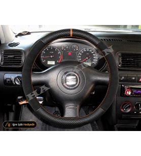 Seat Ibiza Mk3-6L Dikme Direksiyon Kılıfı Alcantara Süet Mat Karbon Taba Yüzük ve Dikiş Sport-FR-Cupra 3 Kol 2002-2008