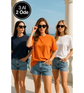 Kadın 3'lü Paket Siyah-Beyaz-Turuncu %100 Pamuk Oversize Basic Tişört Bisiklet Yaka Relaxed T-Shirt